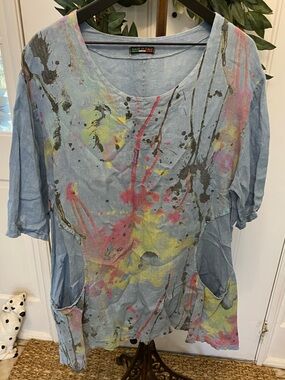 Made In Italy Italian Linen Paint Splatter Longline Lagenlook Tunic Top SS M